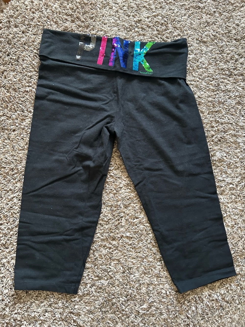 Victoria's Secret PINK Black Capri Yoga Leggings with Multicolor Sequin Logo